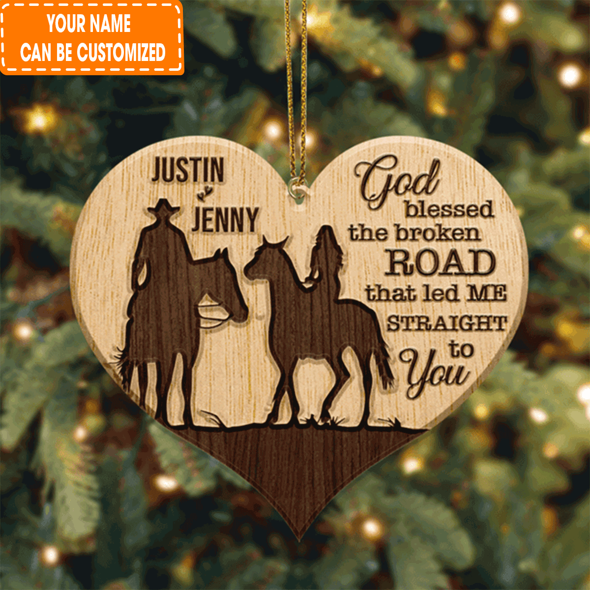 Personalized Heart Cowboy And Cowgirl God Blessed Wood Engraved Acrylic Ornament For Couple, Christmas Holiday Decor