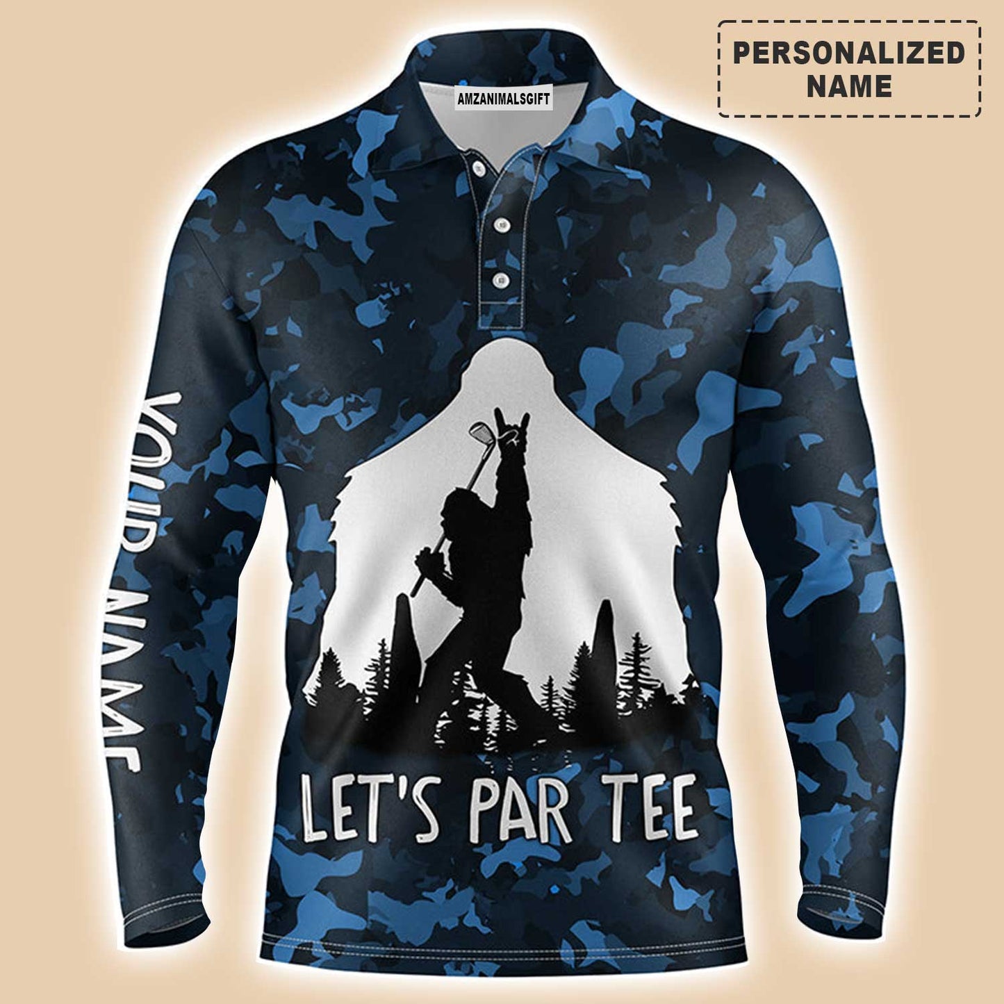 Custom Golf Men Polo Shirt - Bigfoot Golf Custom Name Men Polo Shirt, Funny Bigfoot Blue Camo Custom Polo Shirt - Perfect Polo Shirt For Men, Golfers