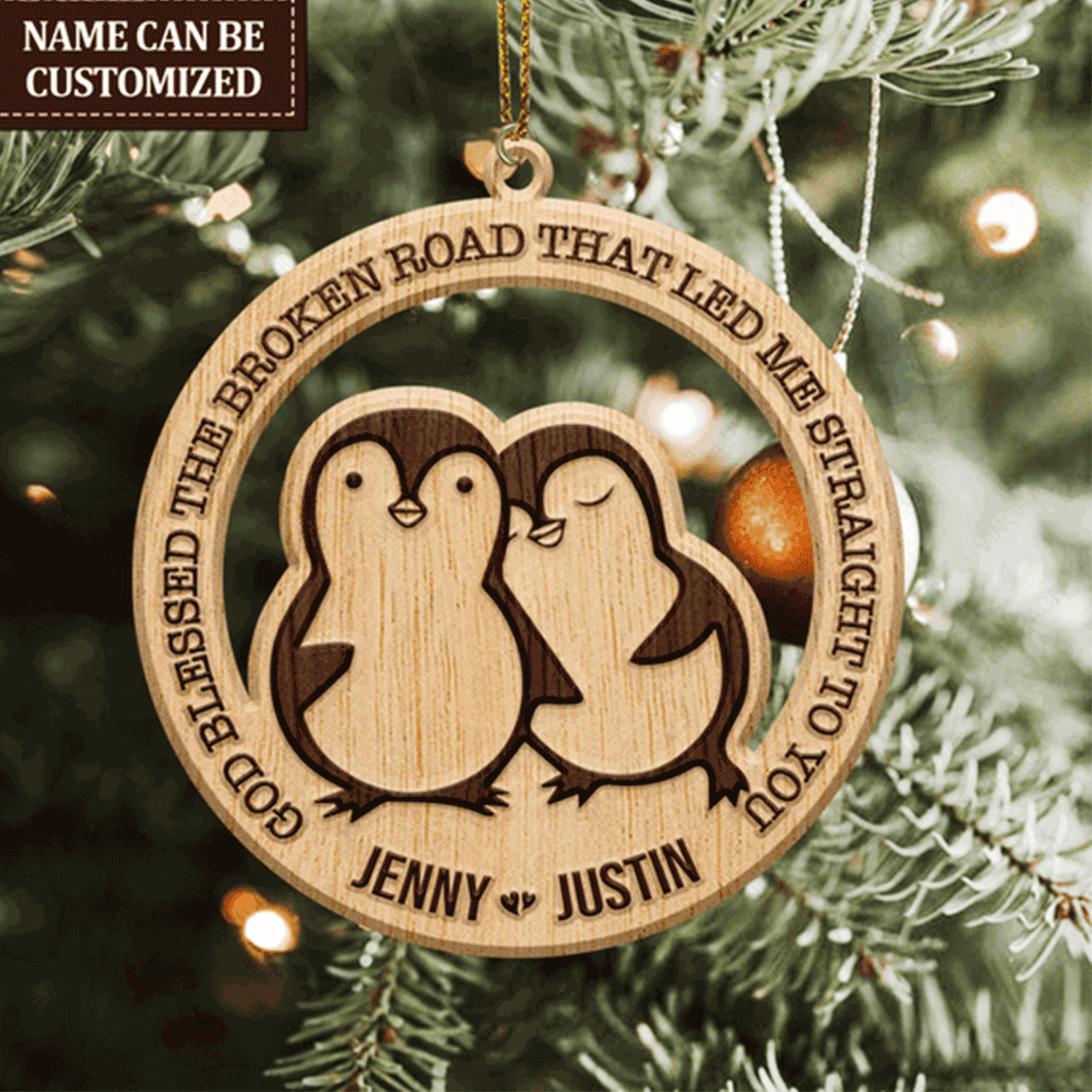 Personalized Penguin Couple God Blessed Personalized Wood Engraved Acrylic Ornament For Christian