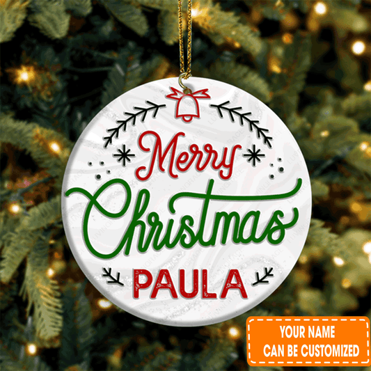 Personalized Vintage Floral Merry Christmas Circle Ceramic Ornament For Family, Friends