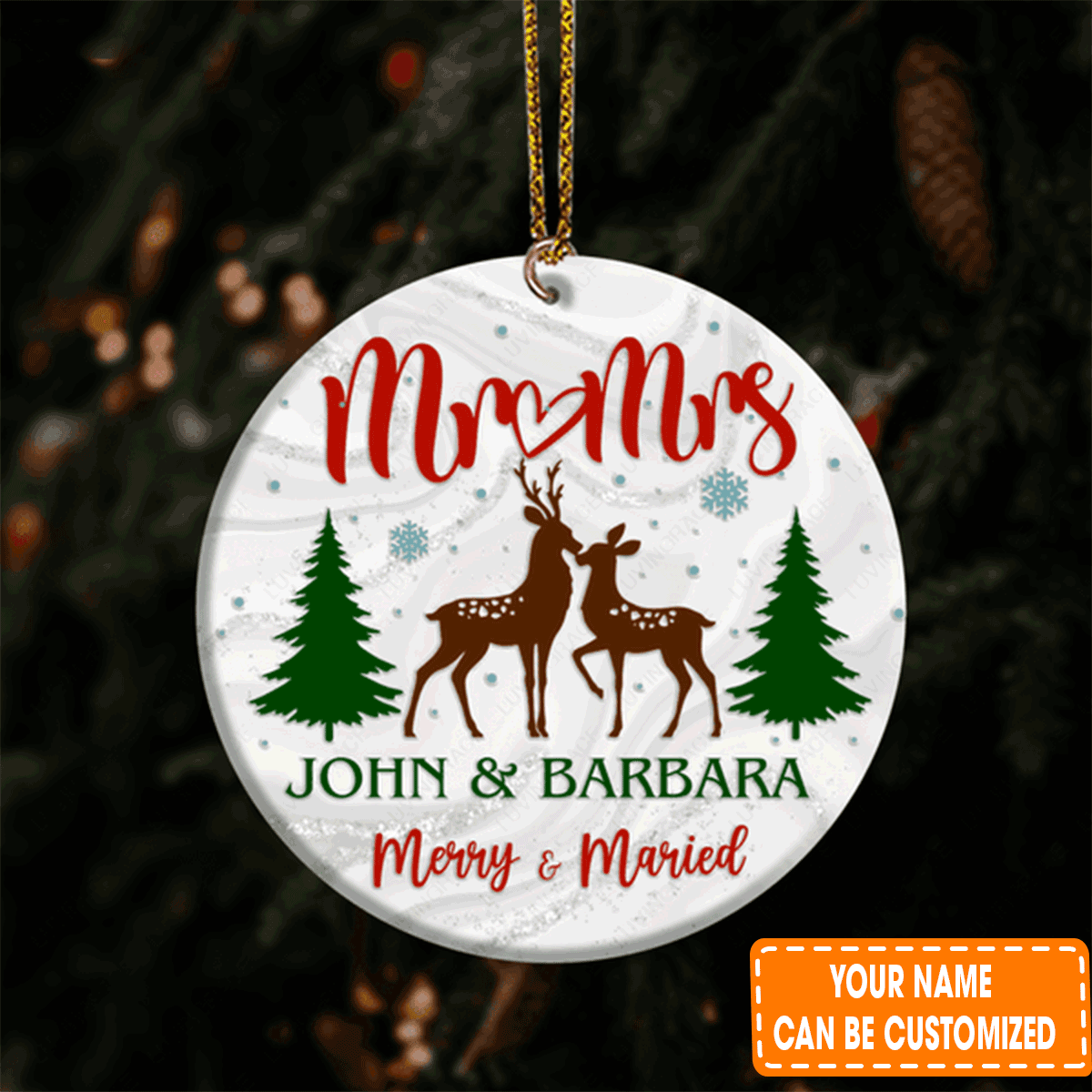 Personalized Reindeer Christmas Pine Merry And Married Circle Ceramic Ornament For 1st Christmas Couple