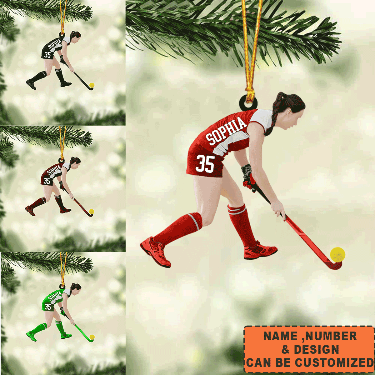 Personalized Woman, Girl, Female Field Hockey Player Acrylic Ornament, Custom Christmas Ornament Gifts For Hockey Player