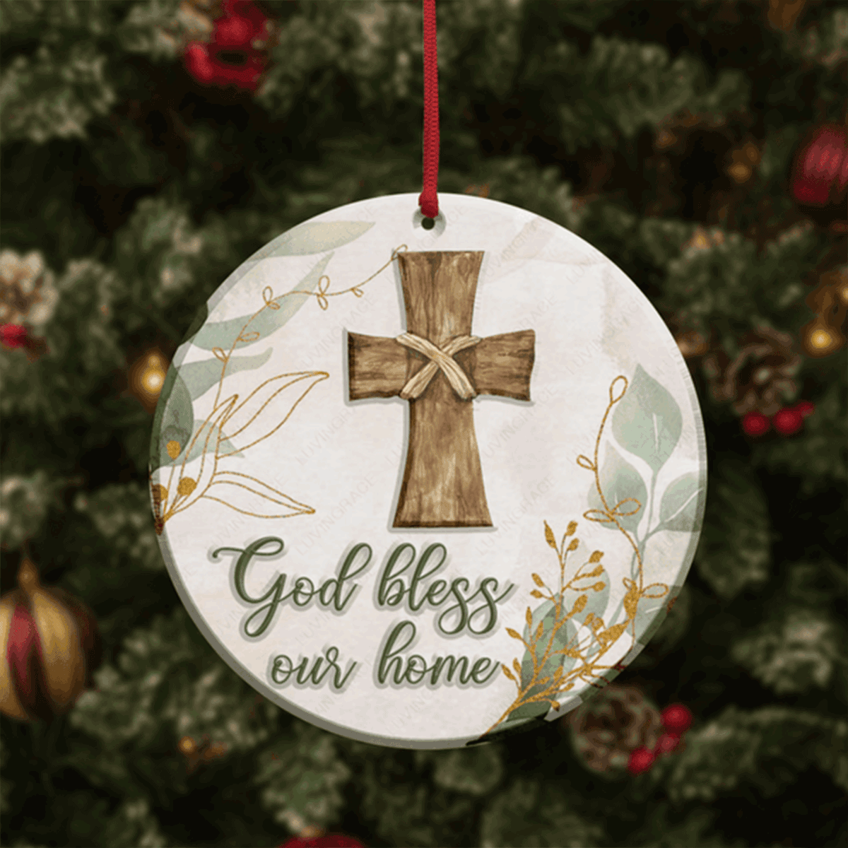 Vintage Christmas Floral Cross God Bless Acrylic Ornament For Christian, God Faith Believers, Christmas Holiday Decor