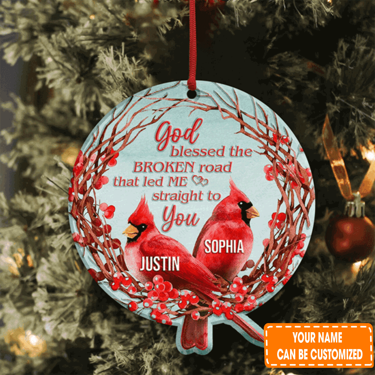 Personalized Christmas Floral Cardinal Couple God Blessed Acrylic Ornament For Christian, Holiday Decor