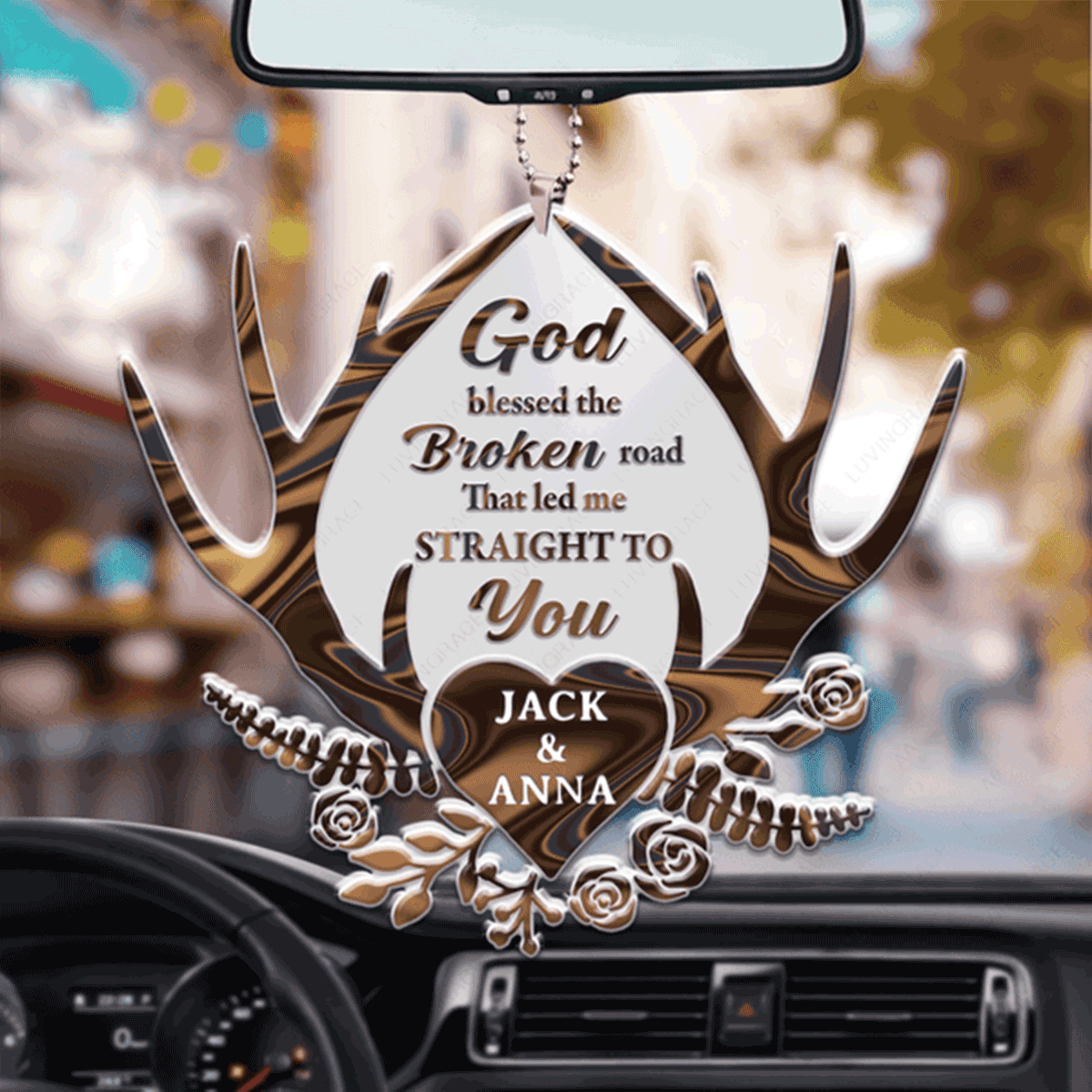 Personalized Deer Antler With Heart God Blessed Acrylic Car Ornament, Perfect Christmas Gift For Couple