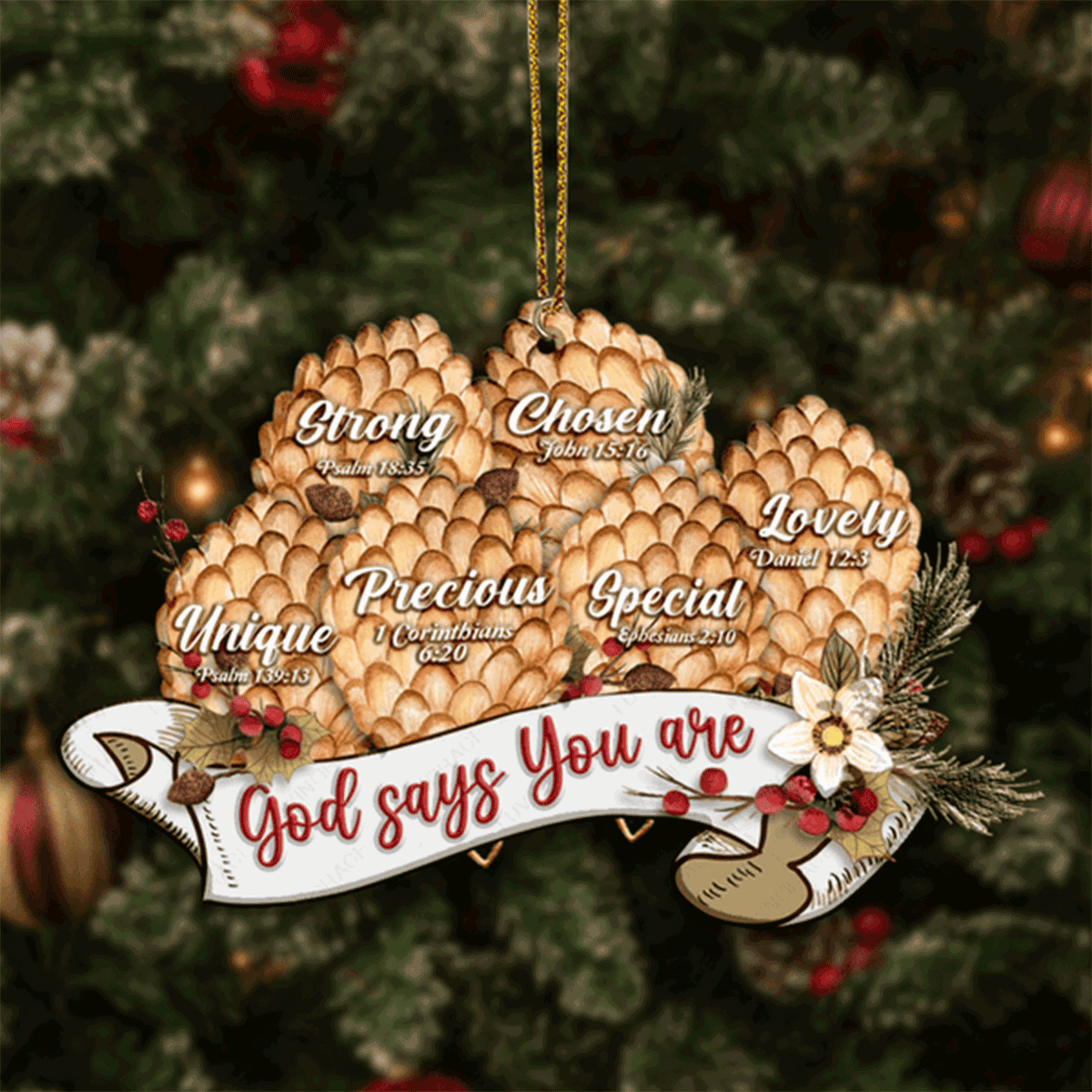 Vintage Ribbon Christmas Pinecone Floral God Says You Are Acrylic Ornament For Christian, Christmas Ornament Gift