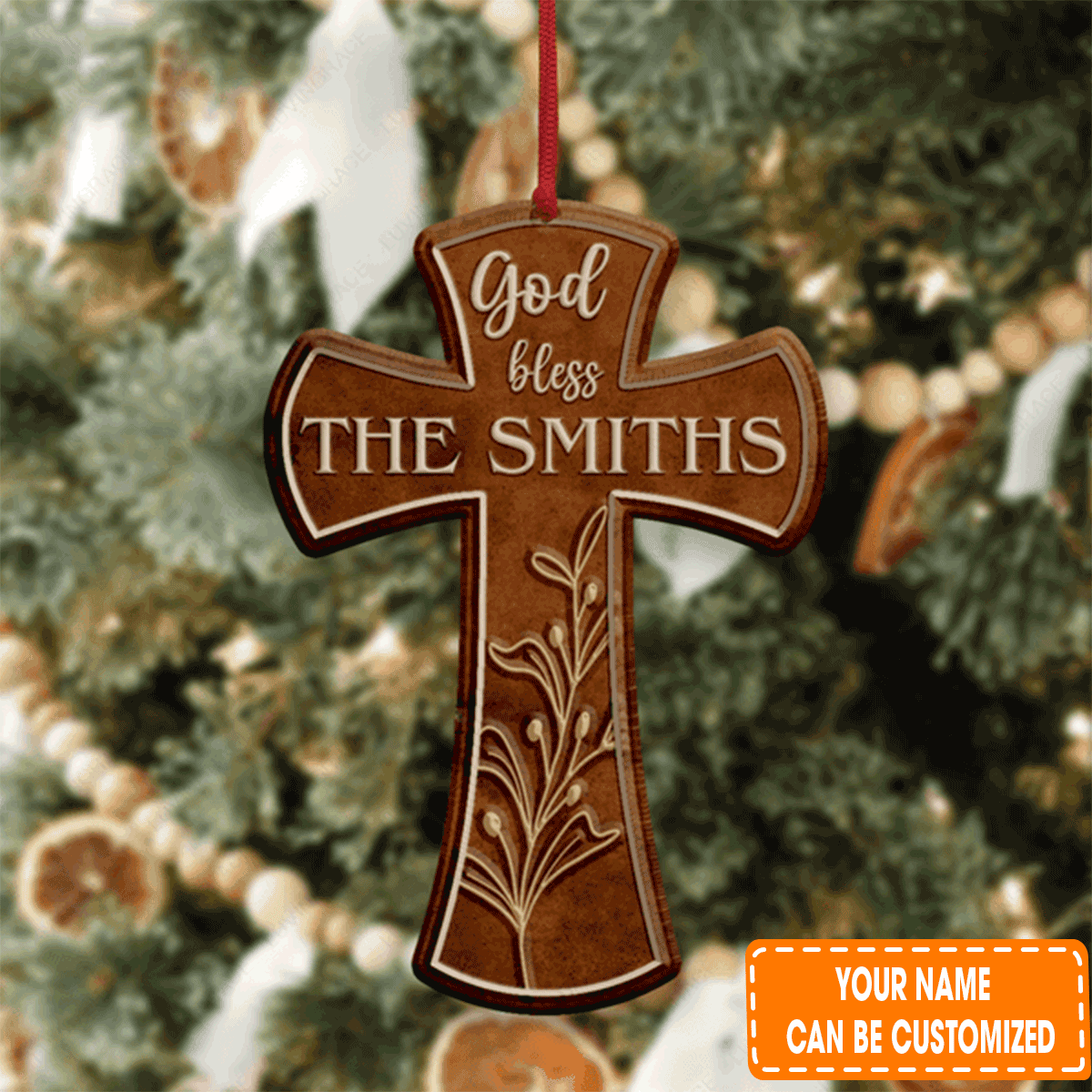 Personalized Vintage Cross God Blessed Family Name Acrylic Ornament For Christian, Christmas Holiday Decor