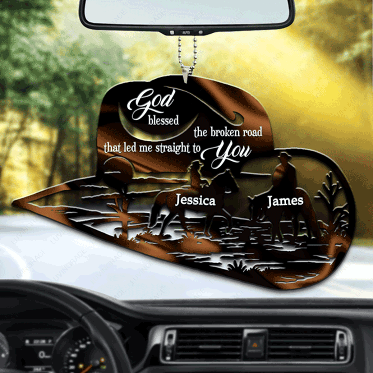 Customized Name Cowboy Couple Scene God Blessed Acrylic Car Ornament, Perfect Christmas Gift For Family, Friends