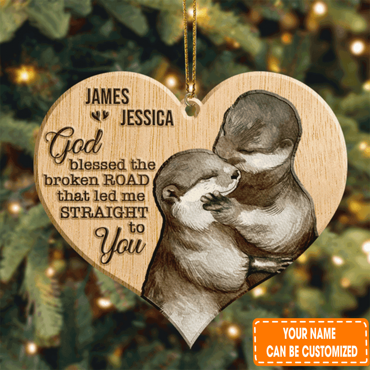 Personalized Cuddling Otter Couple God Blessed Heart Acrylic Ornament For Couple, Couple Holiday Gift