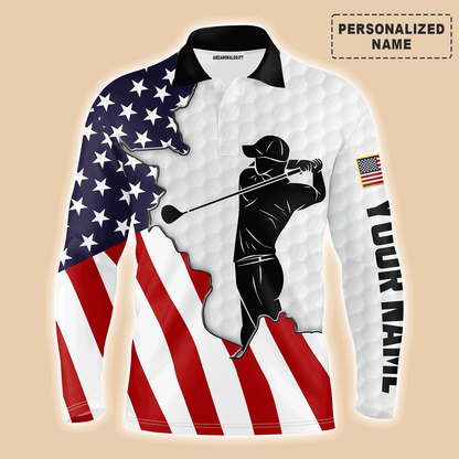 American Flag 4th of July Custom Name Golf Men Polo Shirt - American Flag Apparel - Personalized Gift For Golf Lover, 4th Of July, Him, Husband