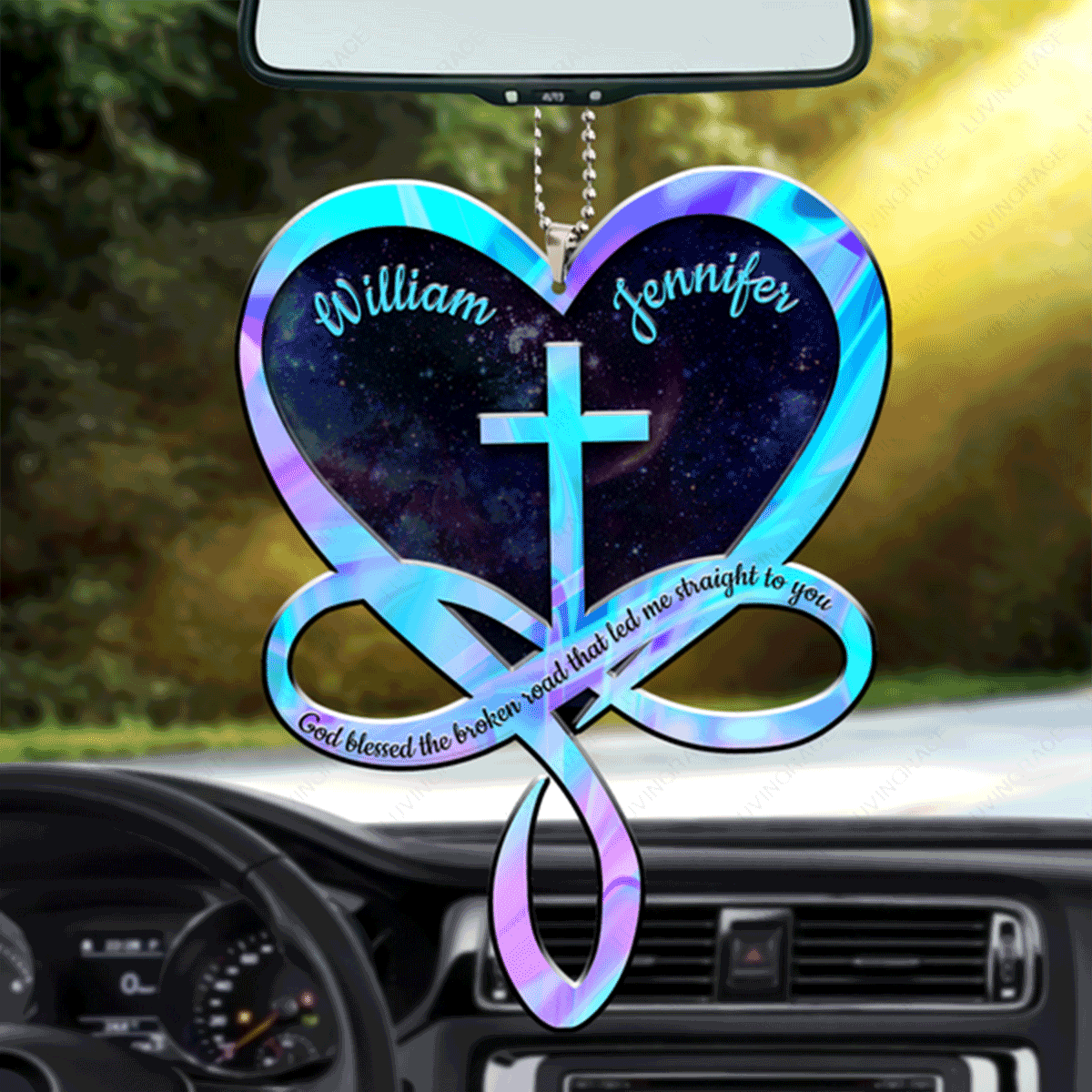 Customized Couple Name Infinity Heart God Blessed The Broken Acrylic Car Ornament, Perfect Christmas Gift For Couple