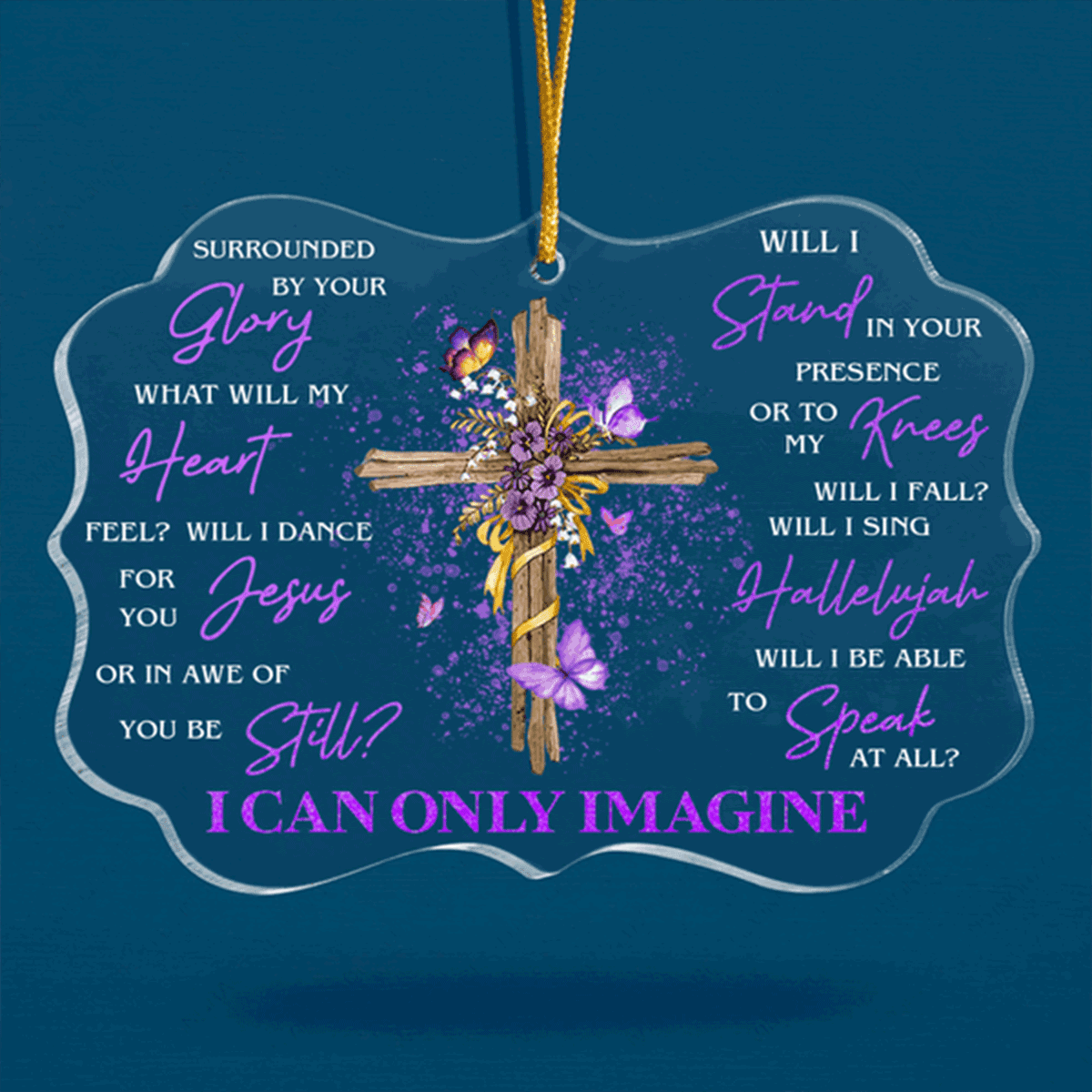 Purple Flower Cross And Butterfly Surrounded By Your Glory Acrylic Ornament, Perfect Christmas Gift For Family, Friends