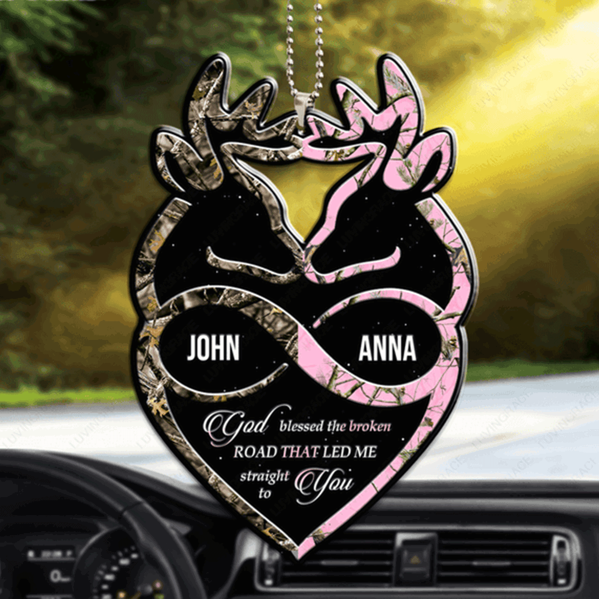 Customized Name Buck And Doe Infinity Heart God Blessed Acrylic Car Ornament, Christmas Gift For Couple