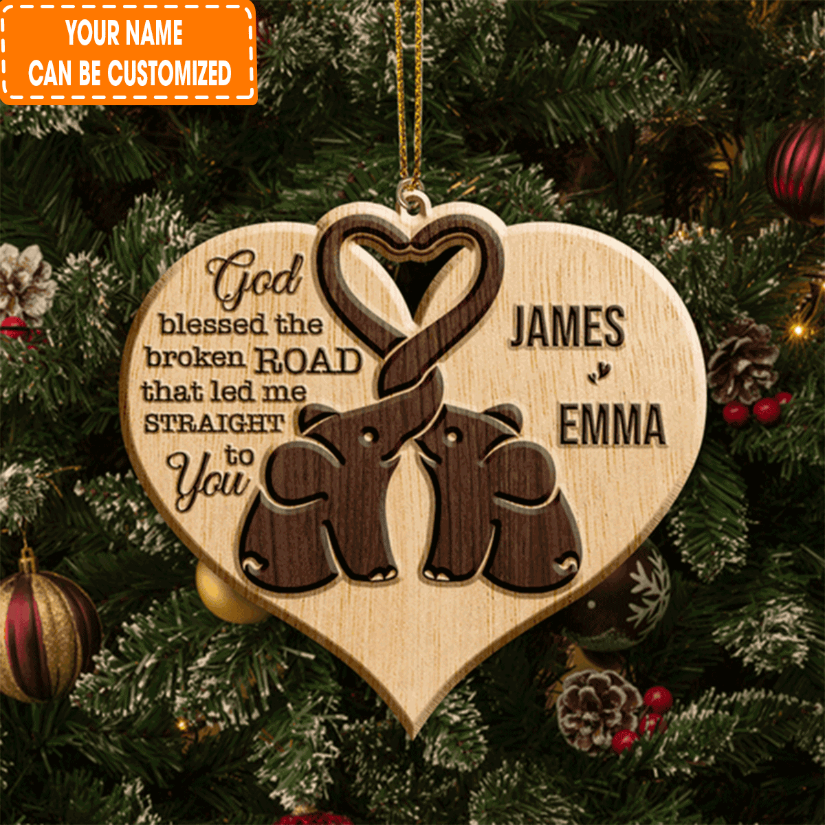 Custom Jesus Acrylic Ornament, Personalized Heart Elephant Couple God Blessed Wood Engraved Acrylic Ornament For Christian, Holiday Decor