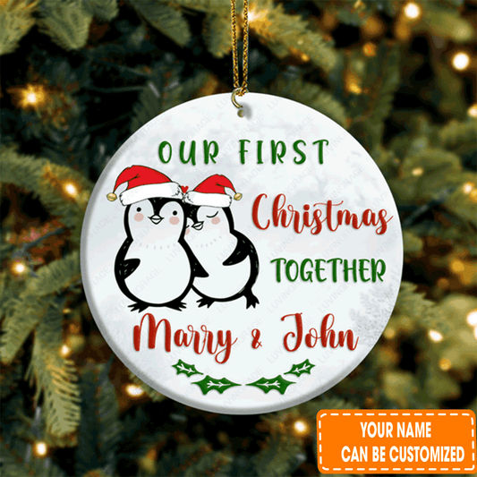 Personalized First Christmas Penguin Couple Circle Ceramic Ornament For Christian, Holiday Decor