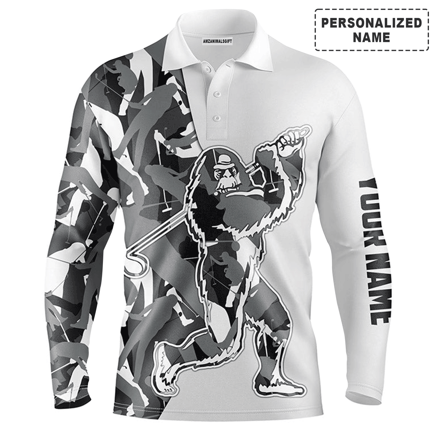 Funny Bigfoot Golf Men Polo Shirt-Custom Gray Camo Pattern Sasquatch Playing Golf Apparel Men Polo Shirt-Personalized Sports Gift For Men, Golf Lover