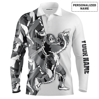 Funny Bigfoot Golf Men Polo Shirt-Custom Gray Camo Pattern Sasquatch Playing Golf Apparel Men Polo Shirt-Personalized Sports Gift For Men, Golf Lover