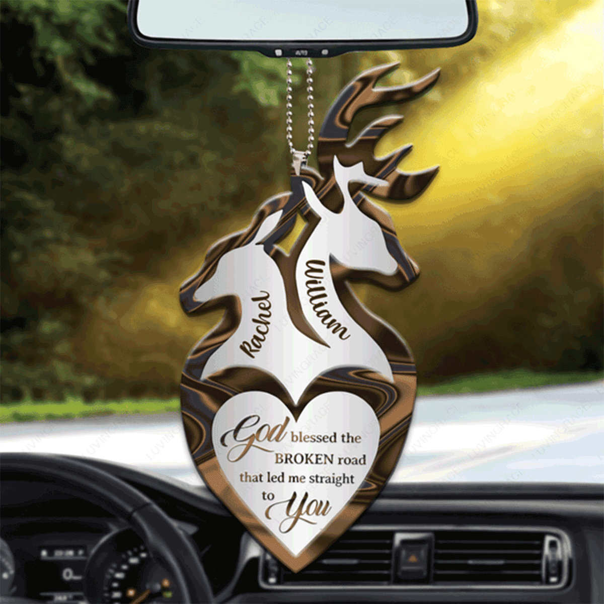 Customized Deer Couple With Heart God Blessed Acrylic Car Ornament, Perfect Christmas Gift For Couple