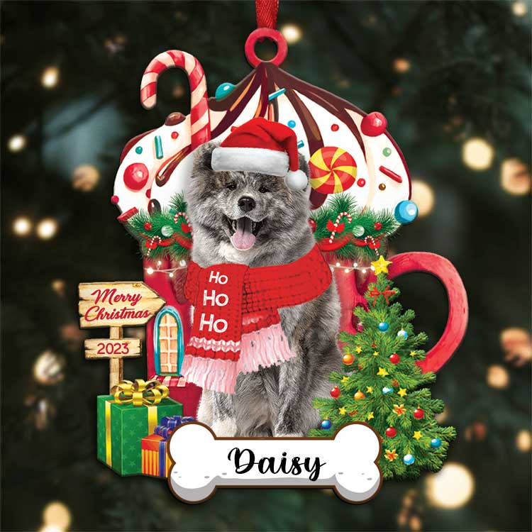 Custom Grey Akita Inu Dog Name With Christmas Hot Chocolate Cup Acrylic Ornaments, Ornament Gift For Dog Mom Dad - V2