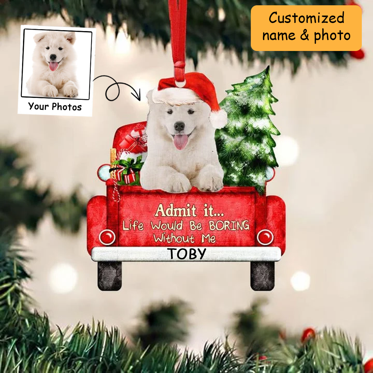 Customized Name Photo Samoyed On The Red Truck Acrylic Christmas Ornament, Christmas Gift For Dog Lovers, Dog Owners
