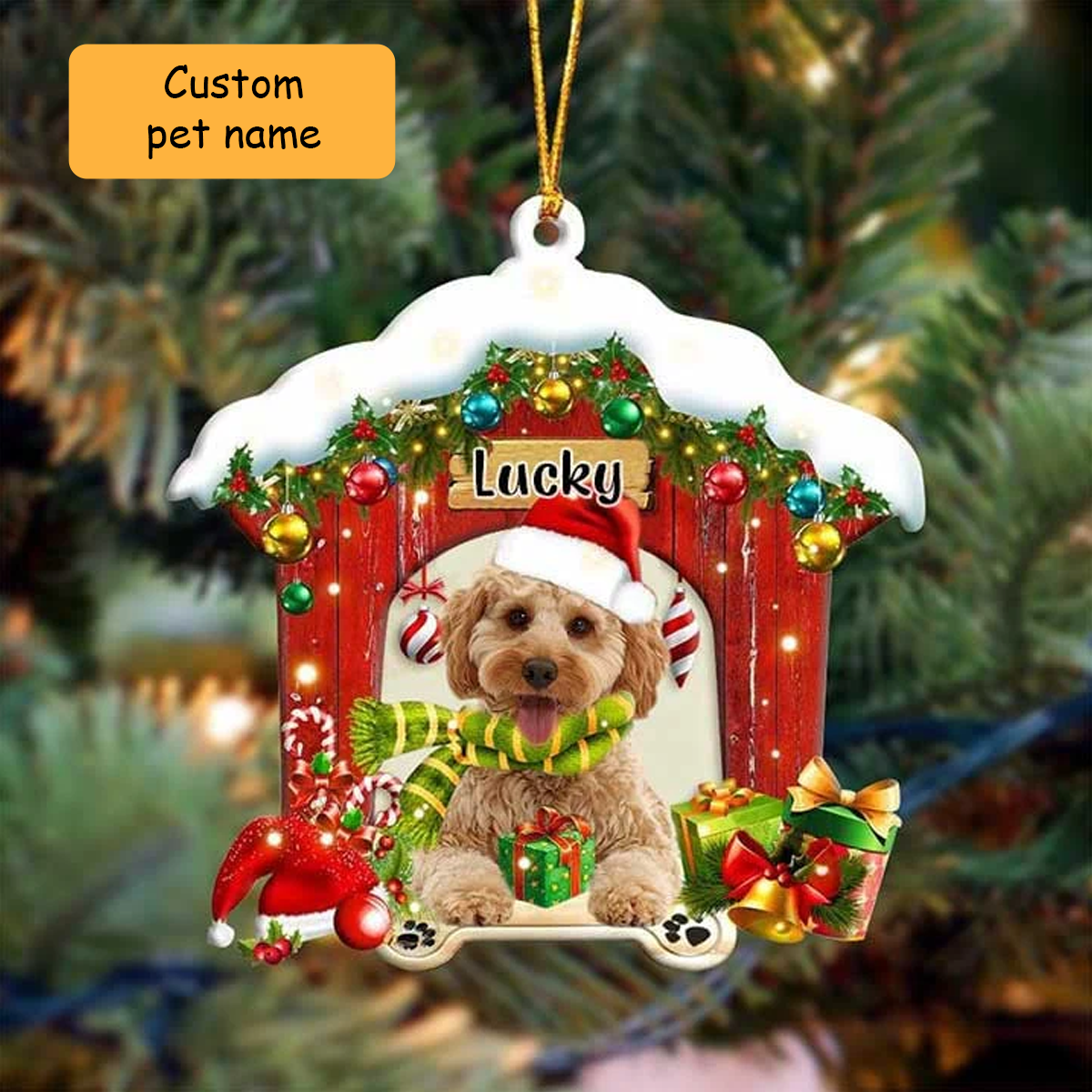 Customized Name Cockapoo In Red Wood House Acrylic Christmas Ornament Gift For Dog Lovers, Dog Mom