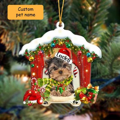 Customized Name Yorkshire Terrier In Red Wood House Acrylic Ornament Christmas Gift For Dog Lovers, Dog Mom