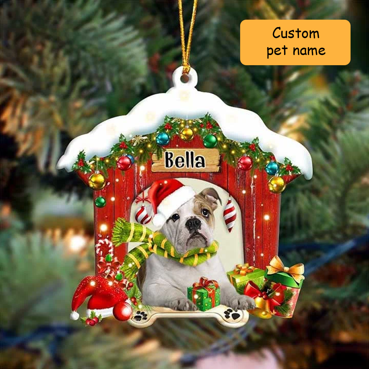 Customized Name English Bulldog In Red Wood House Acrylic Ornament Christmas Gift For Dog Lovers, Dog Mom