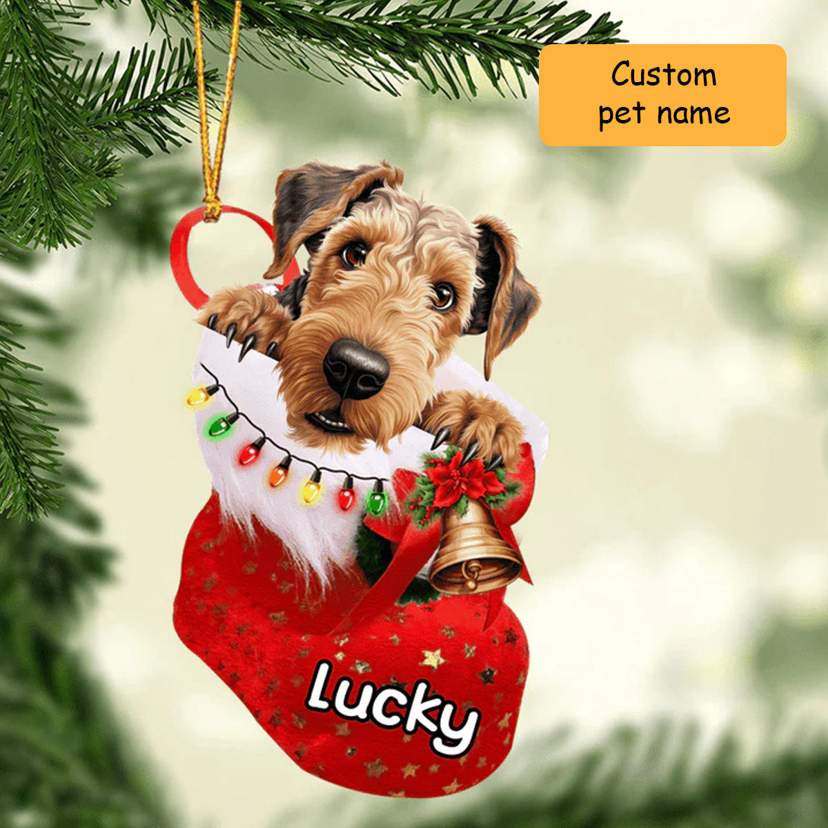 Custom Name Airedale Terrier Dog in Christmas Stocking Acrylic Ornament, Christmas Gifts Ornament for Dog Lover