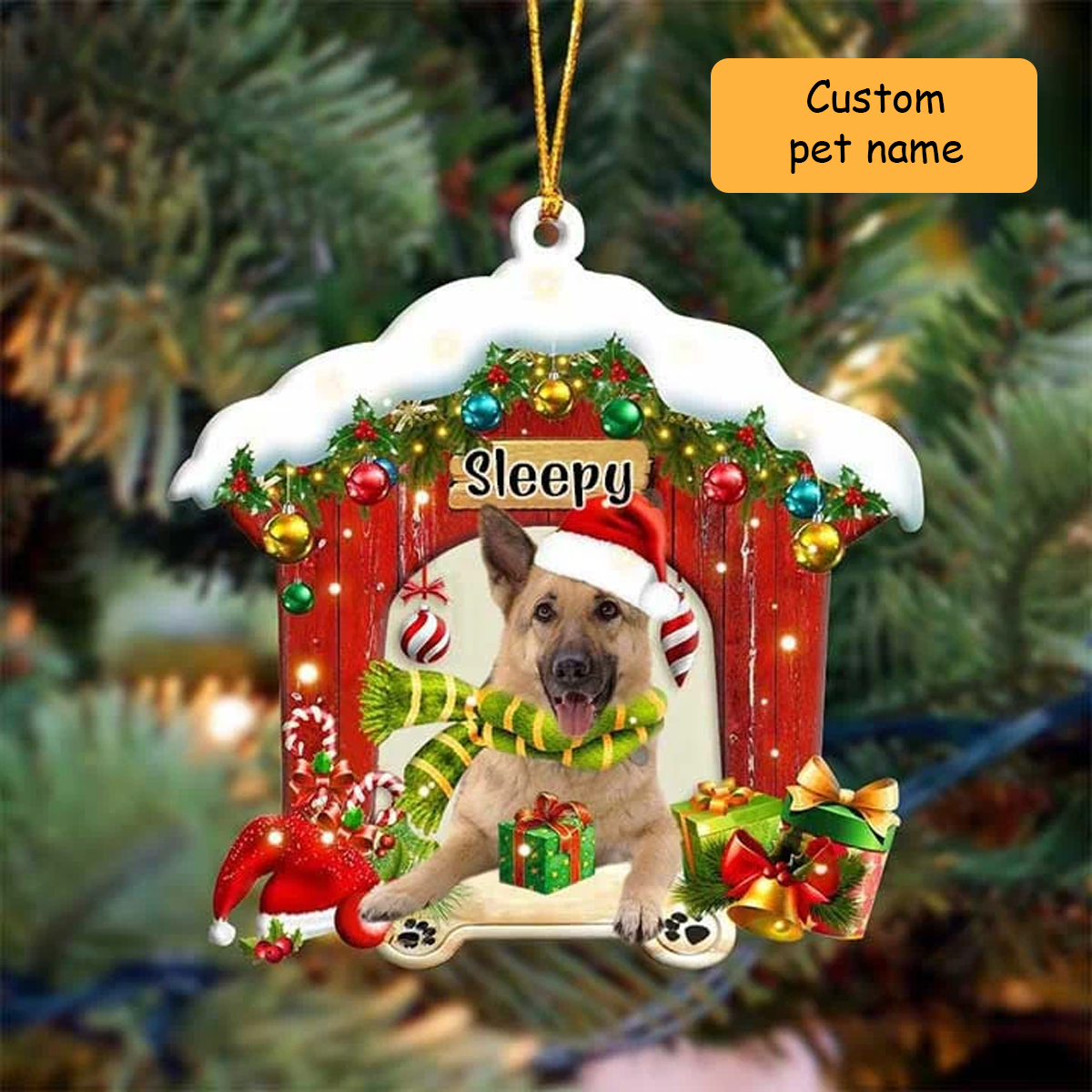 Customized German Shepherd In Red Wood House Acrylic Ornament Christmas Gift For Dog Lovers, Dog Mom