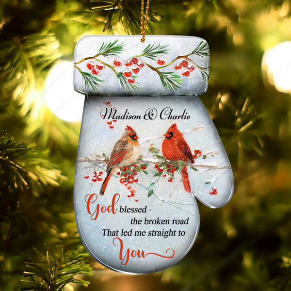 Personalized Cardinal Couple God Blessed The Broken Road Gloves Acrylic Ornament, Perfect Christmas Gift For Couple