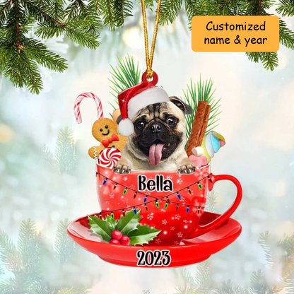 Customized Cute Fawn Pug Dog Santa Hat In Red Cup Acrylic Ornament, Christmas Gifts Ornament for Dog Lover