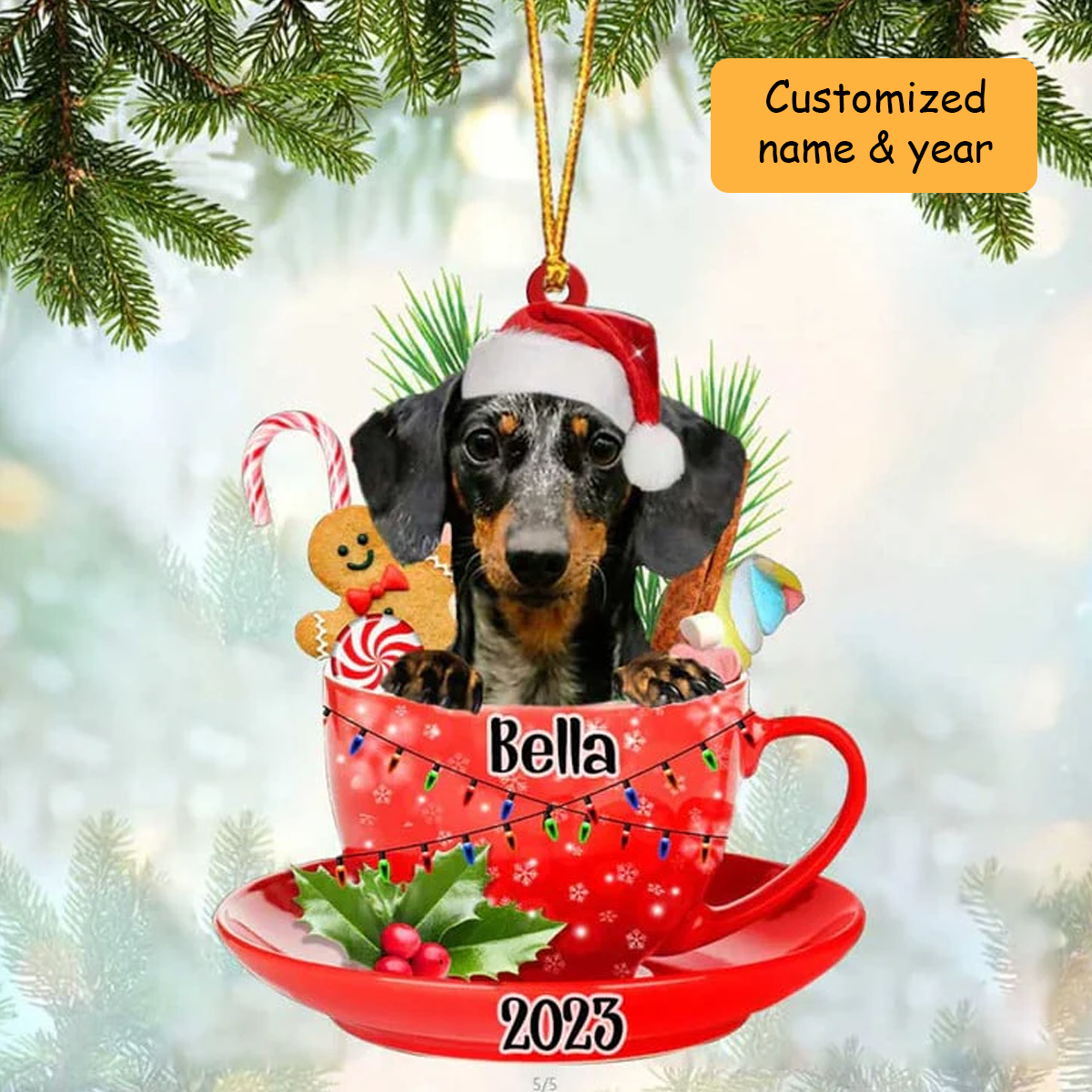 Customized Cute Dobermann Pinscher Dog Santa Hat In Red Cup Acrylic Ornament, Christmas Gifts Ornament for Dog Lover