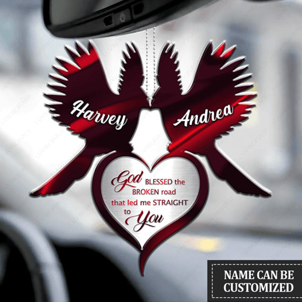 Custom Name Cardinal Couple With Heart God Blessed Acrylic Car Ornament, Perfect Christmas Gift For Couple Family