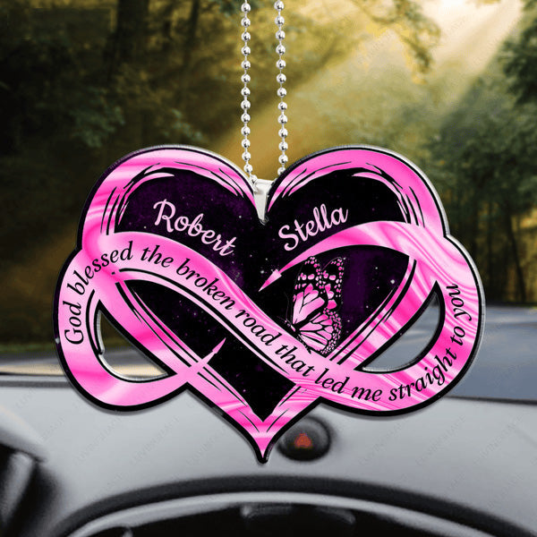 Customized Couple Name Infinity Pink Heart God Blessed The Broken Road Gloves Acrylic Car Ornament, Christmas Gift For Couple