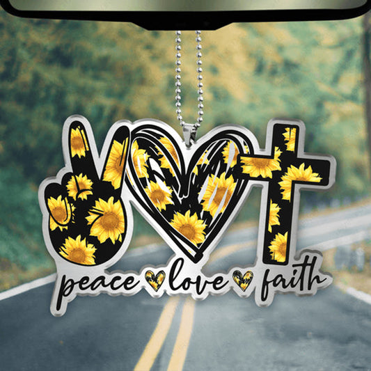 Sunflower Peace Love Faith Acrylic Car Ornament, Perfect Christmas Gift For Family, Friends