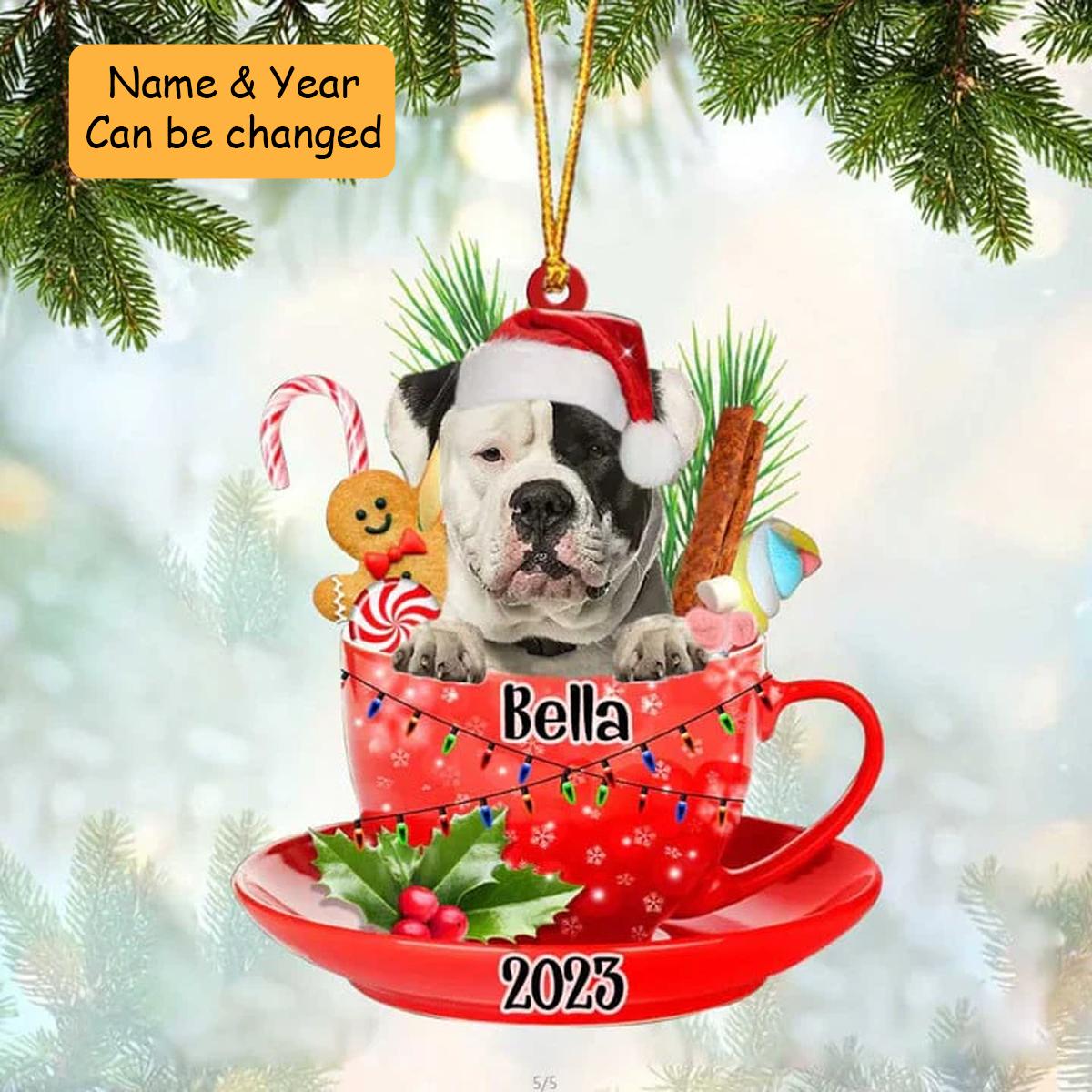 Customized Cute American Bulldog Dog Santa Hat In Red Cup Acrylic Ornament, Christmas Gifts Ornament for Dog Lover