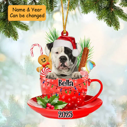 Customized Cute American Bulldog Dog Santa Hat In Red Cup Acrylic Ornament, Christmas Gifts Ornament for Dog Lover
