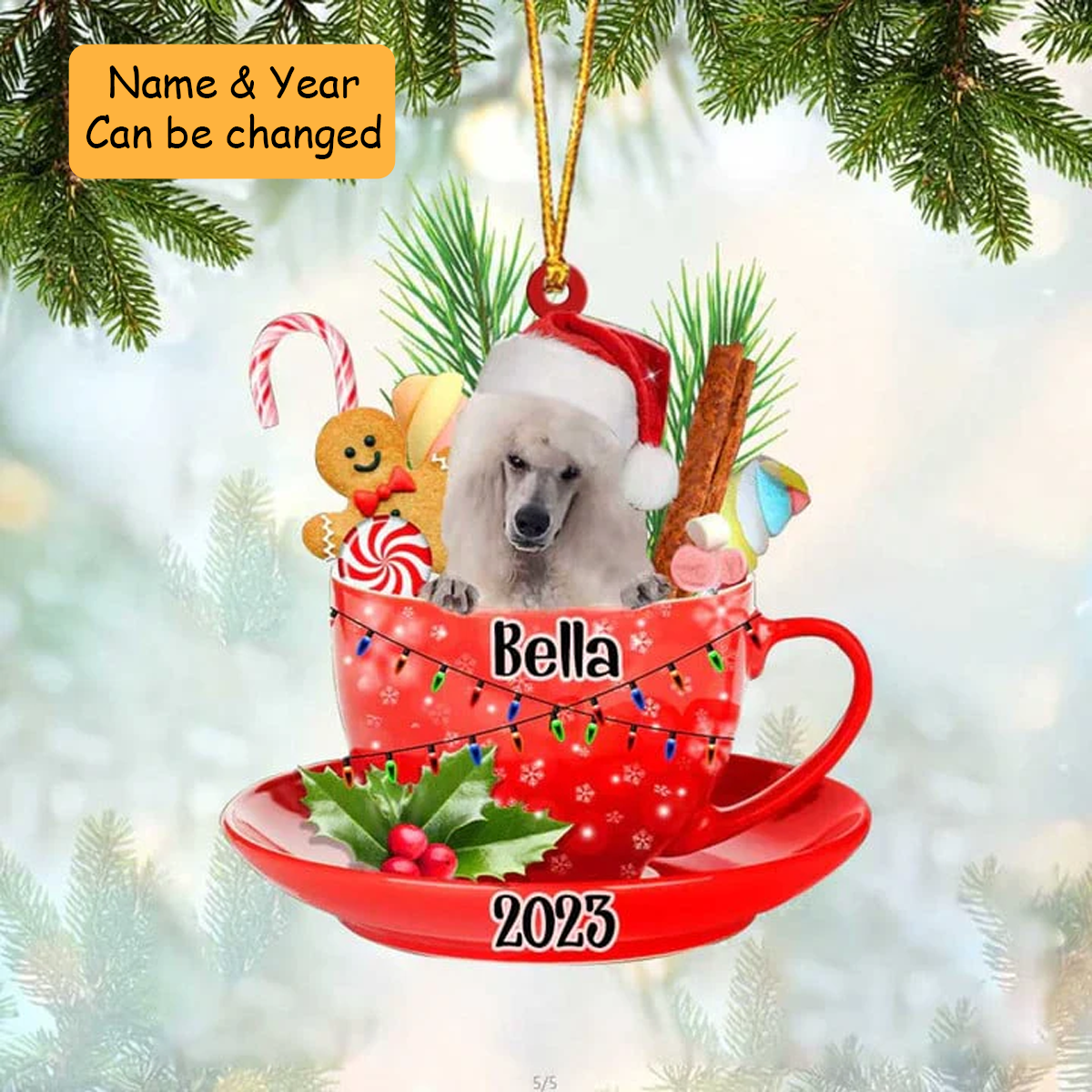 Customized Cute White Standard Poodle Dog Santa Hat In Red Cup Acrylic Ornament, Christmas Gift Ornament for Dog Lover