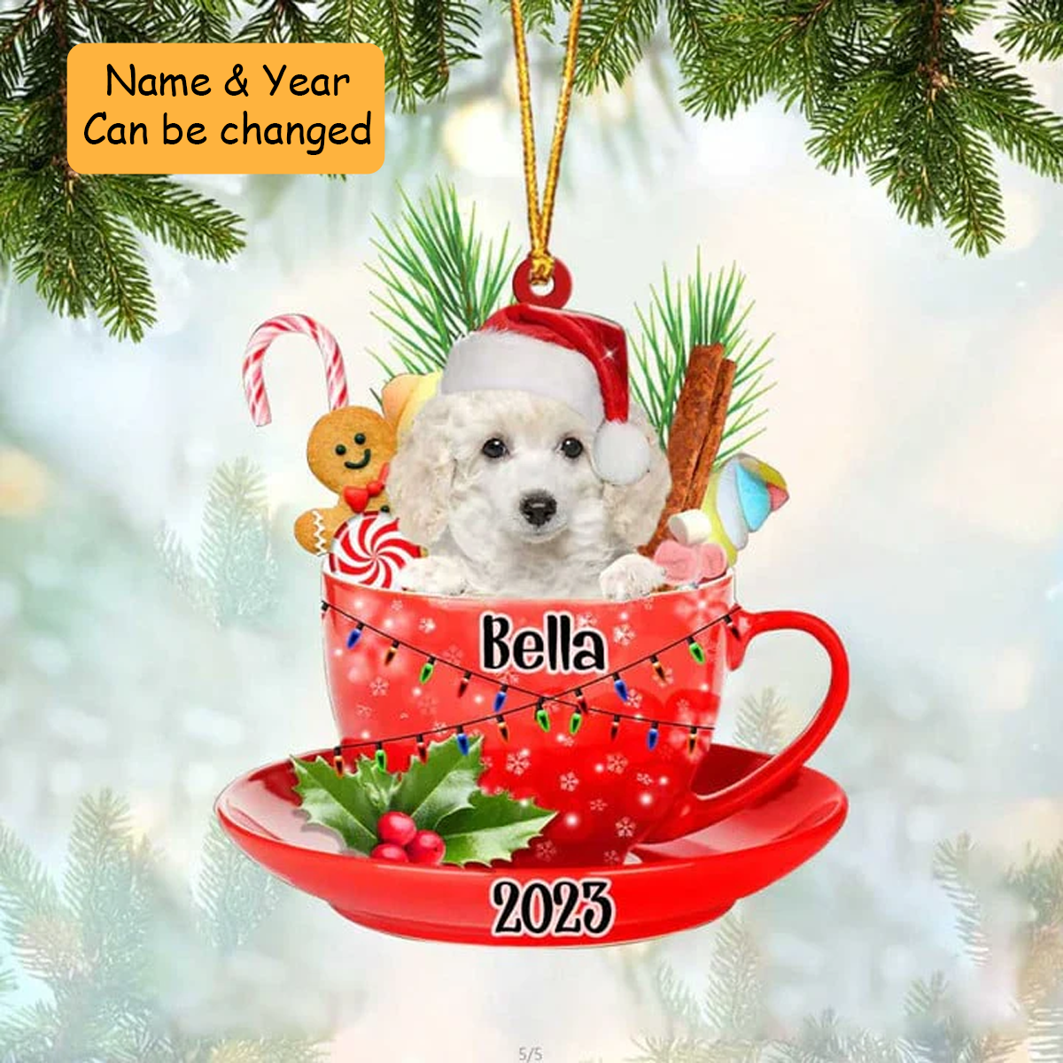 Customized Cute White Toy Poodle Dog Santa Hat In Red Cup Acrylic Ornament, Christmas Gifts Ornament for Dog Lover