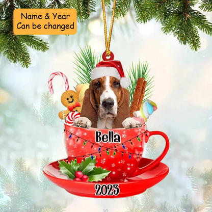 Customized Basset Hound Dog Santa Hat In Red Cup Acrylic Ornament, Christmas Gifts Ornament for Dog Lover