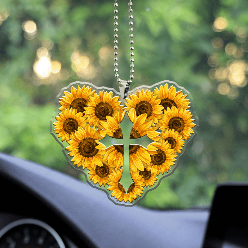 Sunflower Heart Cross Acrylic Car Ornament, Perfect Christmas Gift For Family, Friends