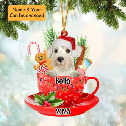 Custom White Miniature Schnauzer Dog Santa Hat In Red Cup Acrylic Ornament, Personalized Ornament Gift For Christmas