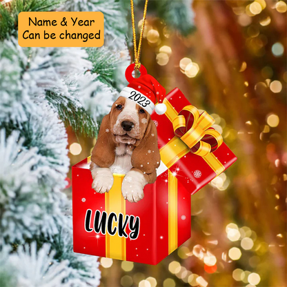 Customized Basset Hound In Red Gift Box Acrylic Ornament, Custom Gifts For Christmas
