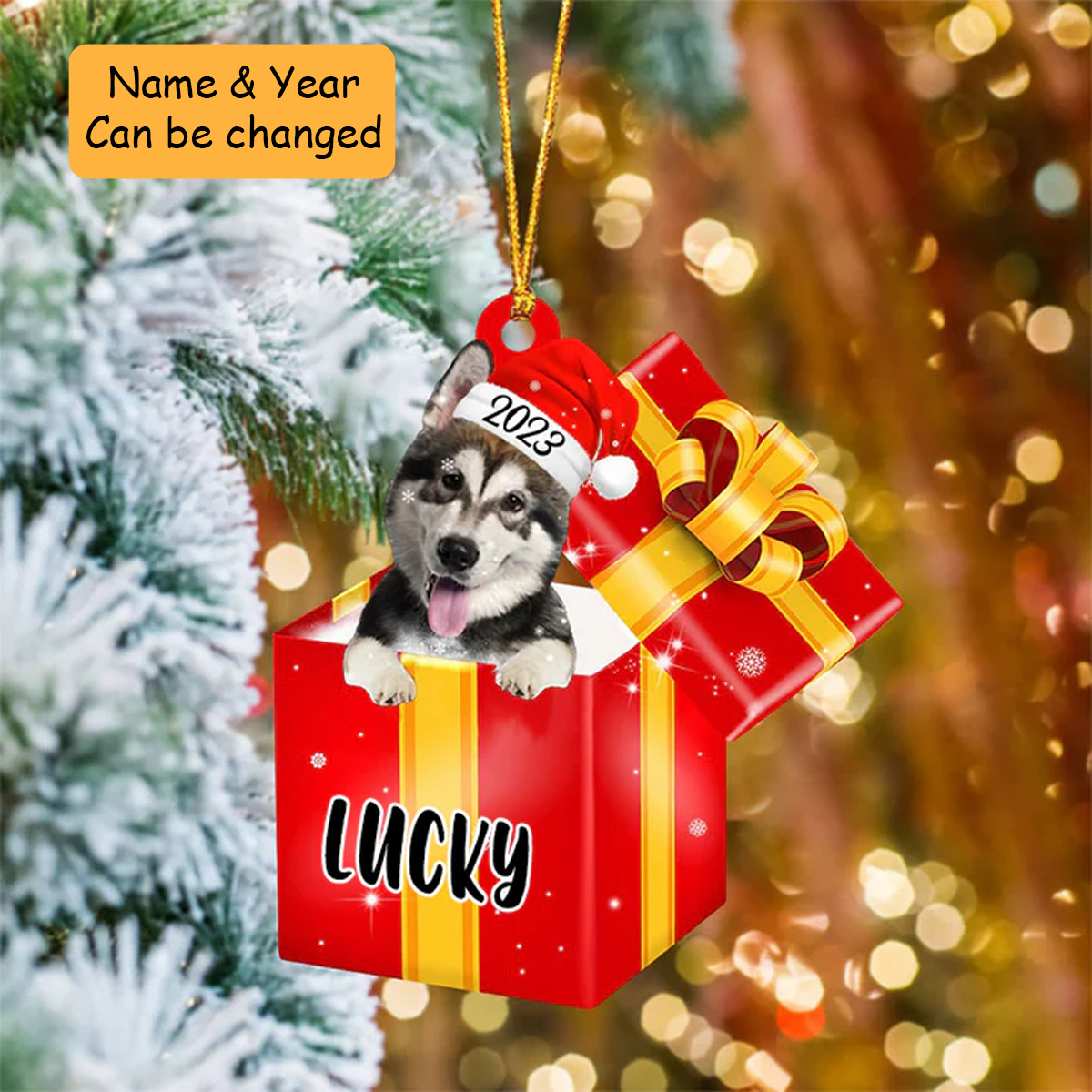 Customized Alaskan Malamute In Red Gift Box Acrylic Ornament, Christmas Gift Ornament For Dog Lovers