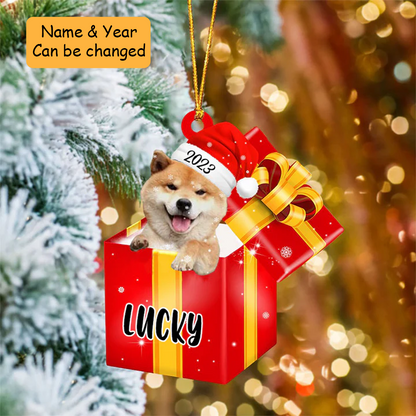 Customized Shiba Inu In Red Gift Box Acrylic Ornament Christmas Gift Ornament For Dog Lovers