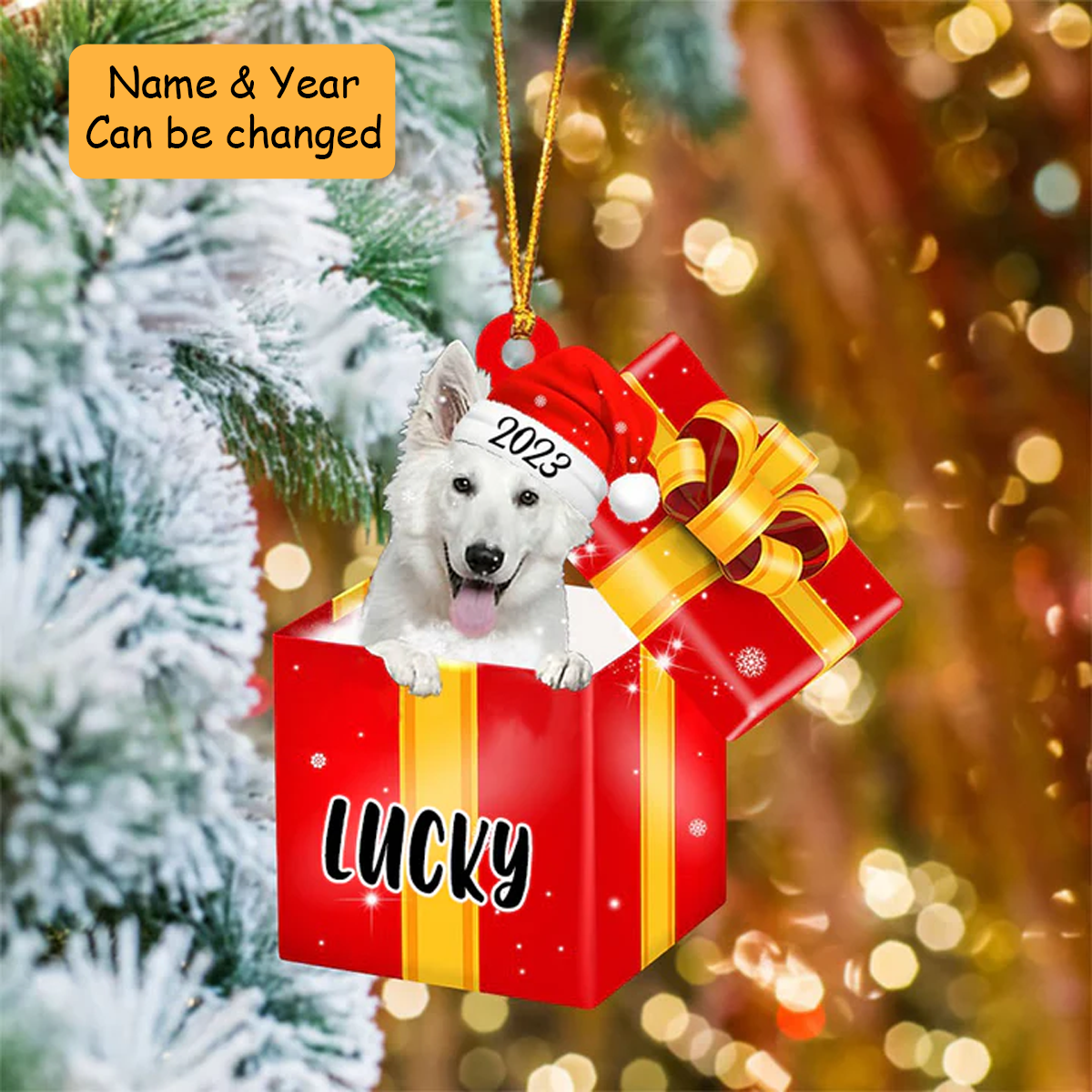 Customized White German Shepherd In Red Gift Box Acrylic Ornament, Christmas Gifts Ornament For Dog Lovers