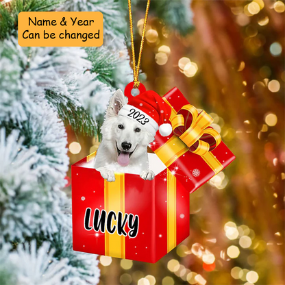 Customized White German Shepherd In Red Gift Box Acrylic Ornament, Christmas Gifts Ornament For Dog Lovers