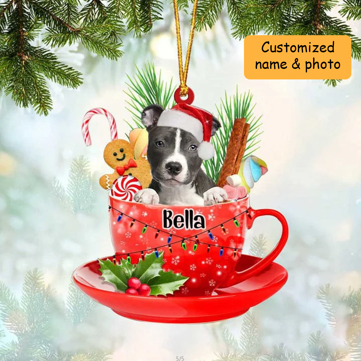 Customized Awesome Pitbull Dog Santa Hat In Red Cup Acrylic Ornament, Personalized Gifts For Christmas Dog Mom