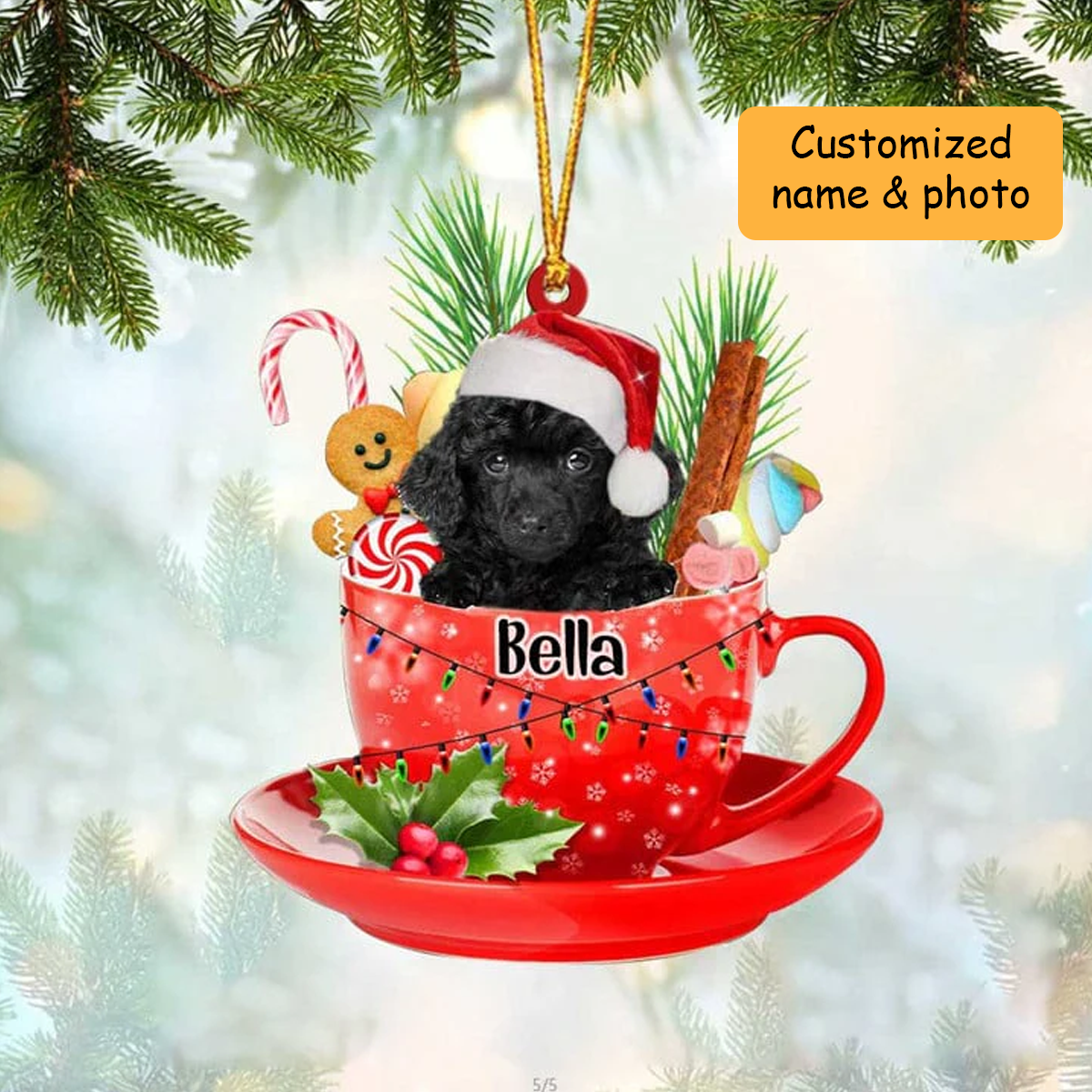 Customized Black Toy Poodle & Santa Hat In Red Cup Acrylic Ornament, Personalized Gifts For Christmas Dog Mom