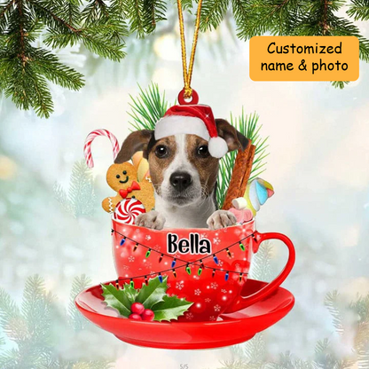 Customized Jack Russell Terrier Dog Santa Hat In Red Cup Acrylic Ornament, Personalized Gifts For Christmas Dog Mom